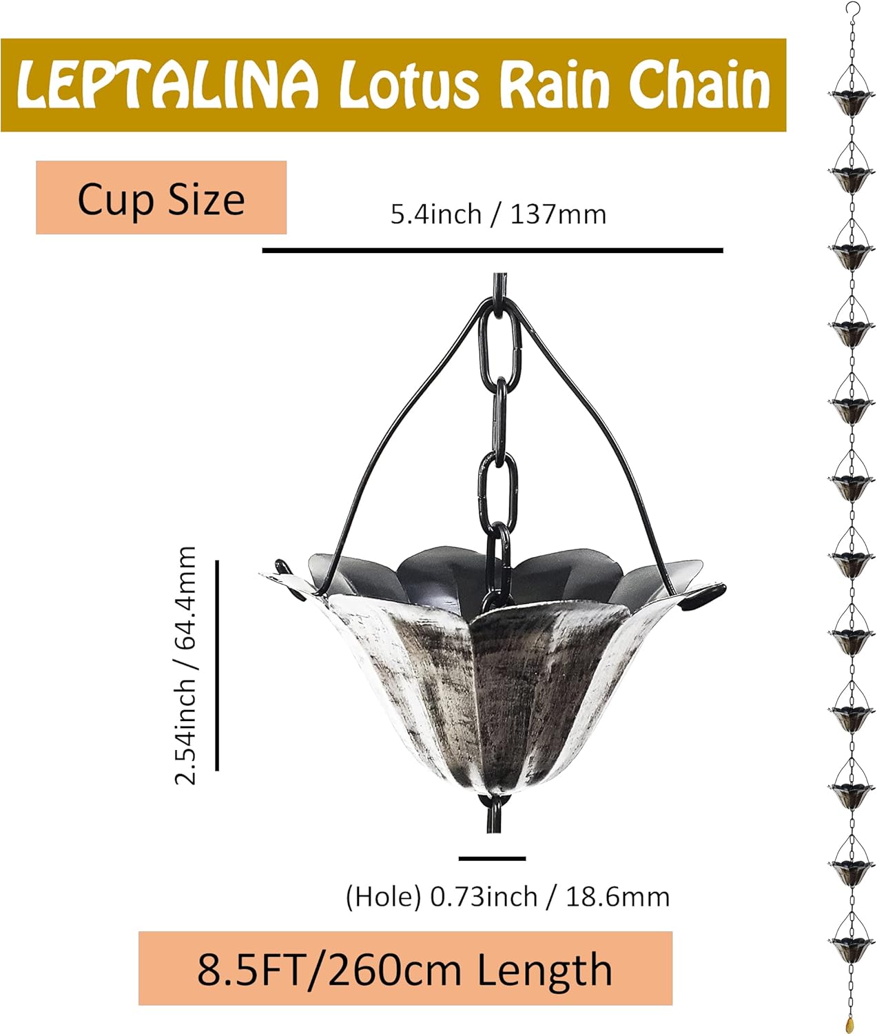 8.5FT Lotus Antique Silver Color Iron Rain Chains for Gutter and Rain Barrel, Rust-Resistant Plated Garden Décor Rain Chain for Downspout, Bonus Rain Chain Gutter Adapter