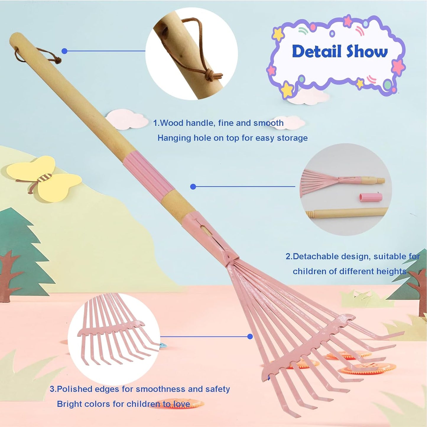 Kids Leaf Rake-Small Wooden Handle Leaf Rake with Metal Tines, 27inches /69cm Length, for Kids Enjoy Garden Cleaning Activities (Pink)