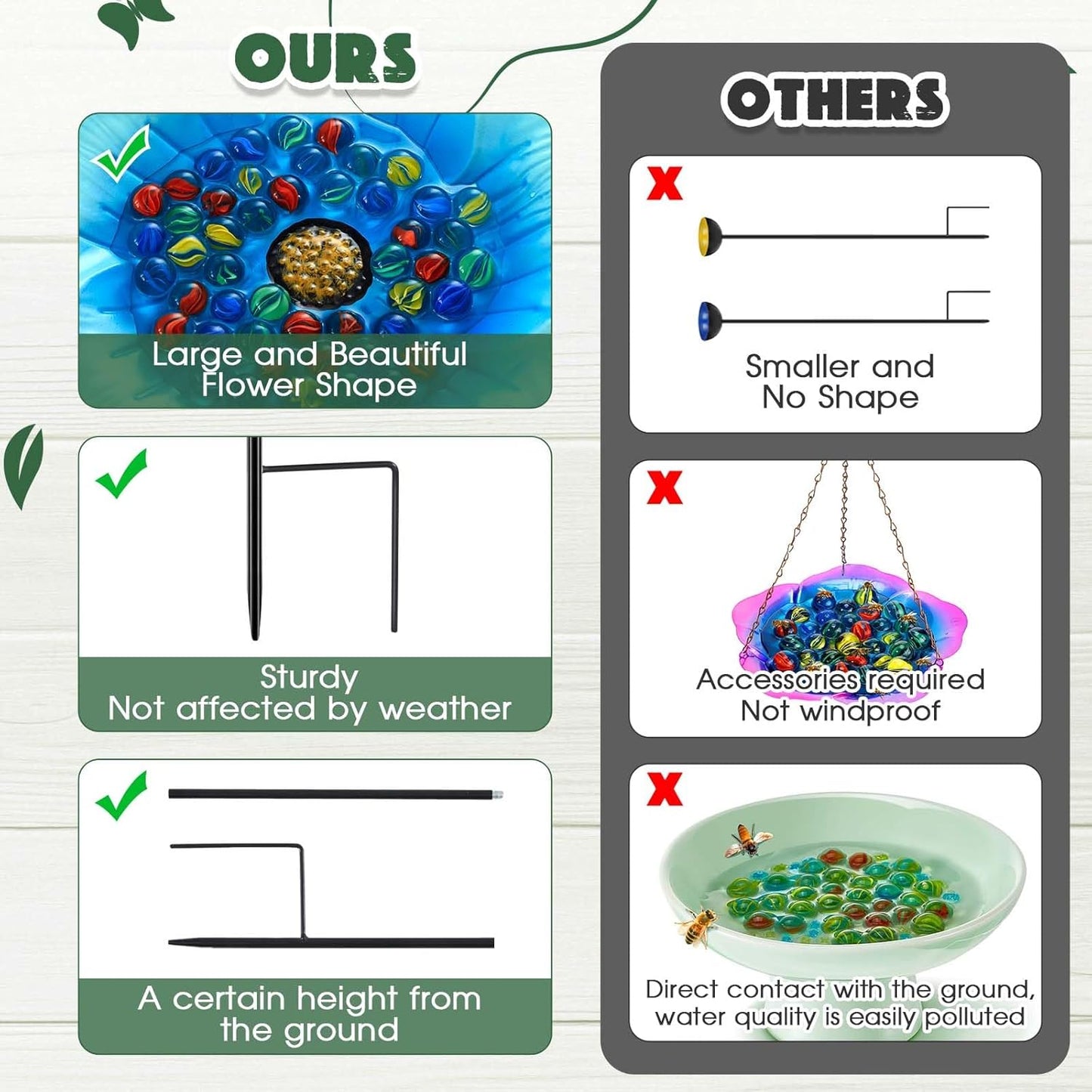 Tandefio Vivid Flower Bee Watering Station Metal Butterfly Water Feeder Cup with 30 Colorful Glass Marbles Bee Feeder Cup Butterfly Bath Bowl for Garden Outdoor Yard Decors(Blue,Flower)