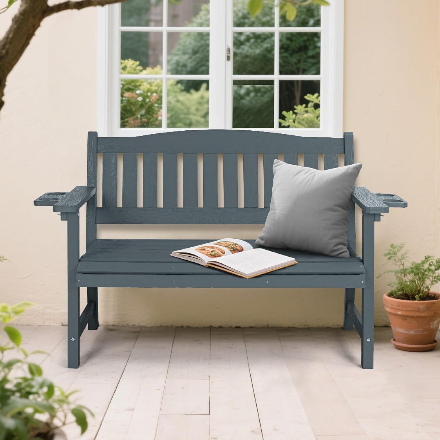 2-Person HIPS Outdoor Bench, Weatherproof Garden Bench with 800 lbs Weight Capacity, Artificial Wood Grains, Never Rot or Fade, Patio Benches for Garden, Porch, Balcony, Backyard,Park, Grey