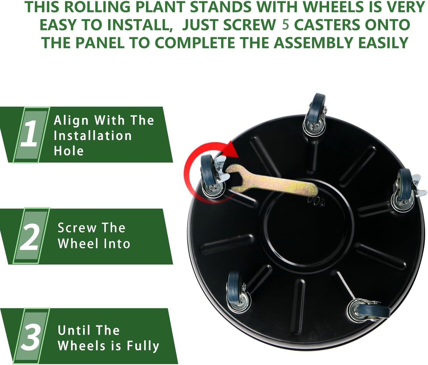 3 Pack Metal Plant Caddy with Wheels 14 Inch Black, Round Rolling Heavy Duty Plant Dolly, Heavy Plant Pot Mover Outdoors or Indoors, The Metal Wheel Can Rotate 360 Degrees or Lockable.