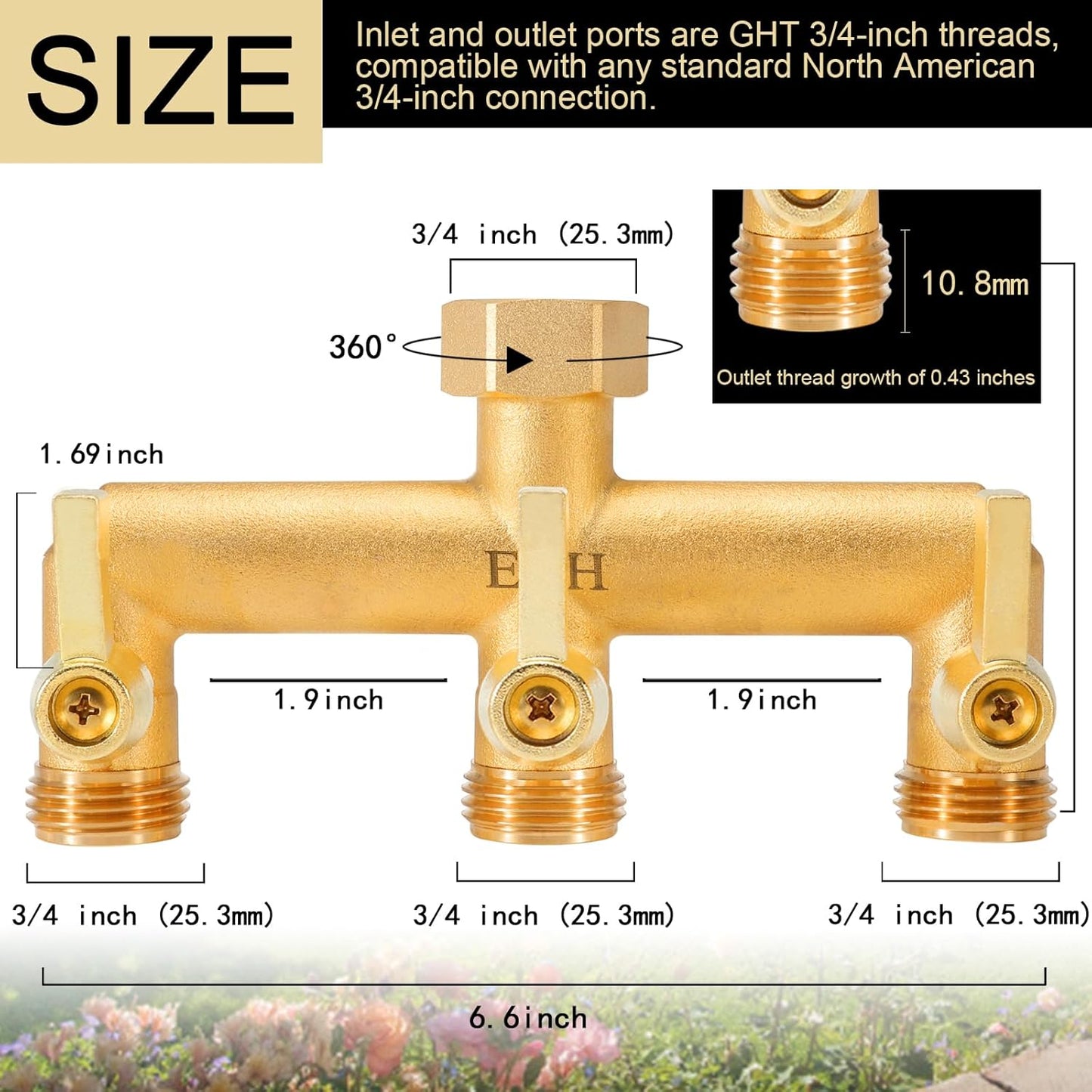 EBH Brass GardenHose Splitter, 3 Way Outdoor Faucet Splitter, 3 Long Metal Handle and Individual On/Off Valve, GHT 3/4-Inch Heavy Duty Hex Female Inlet and 3/4-Inch Male Outlet