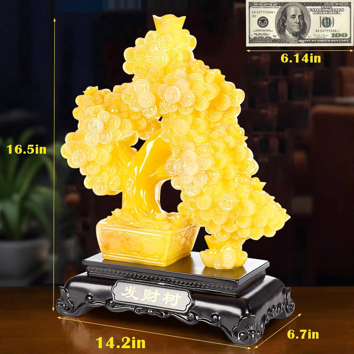 FENGSHUI-CAISHEN Top Resin Money Tree, Artificial Bonsai Tree, Handcrafted, Premium Quality, Feng Shui Gift for Abundance Luck and Success (Yellow)