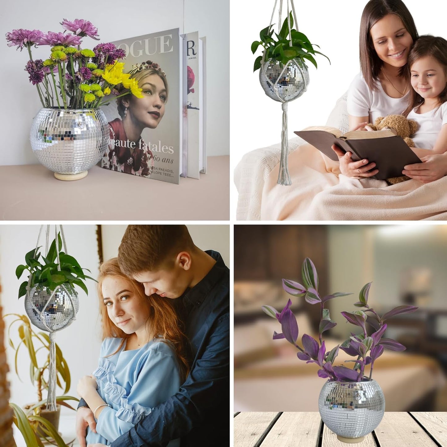 Disco Ball Hanging Plant Pots, Boho Silver Mirror Disco Planter with Chain Hook and Macrame Rope for Indoor Outdoor Decor and Wooden Stand for Desk,Self Watering Insert Pots