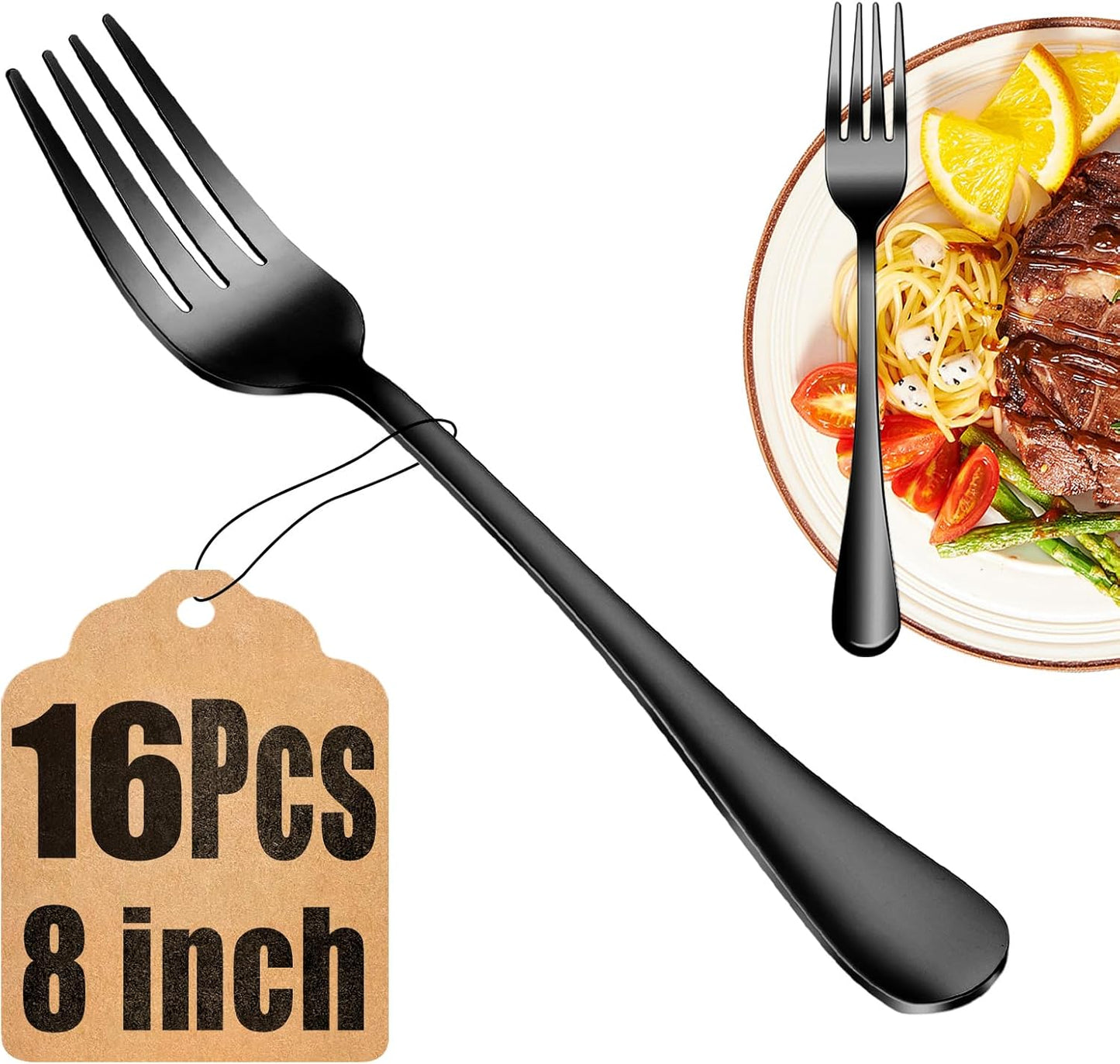 16 Piece Black Dinner Forks Set, Food-Grade Stainless Steel Silverware Forks, Cutlery Forks, Metal Forks for Home, Kitchen or Restaurant, Mirror Polished, Dishwasher Safe - 8 Inch