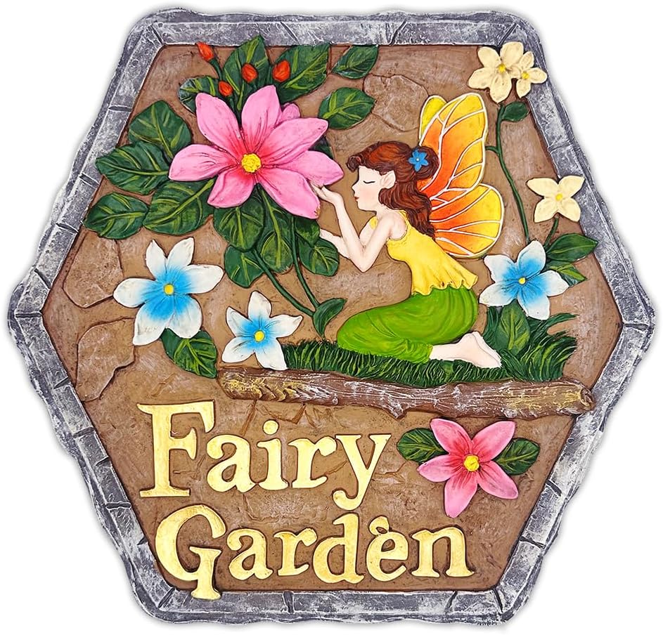 Elegant Resin Stepping Stone, Outdoor Garden Pathway Decoration (Fairy Kisses and Flowers Garden Stepping Stone, 9.5" Outdoor Decoration Statue)