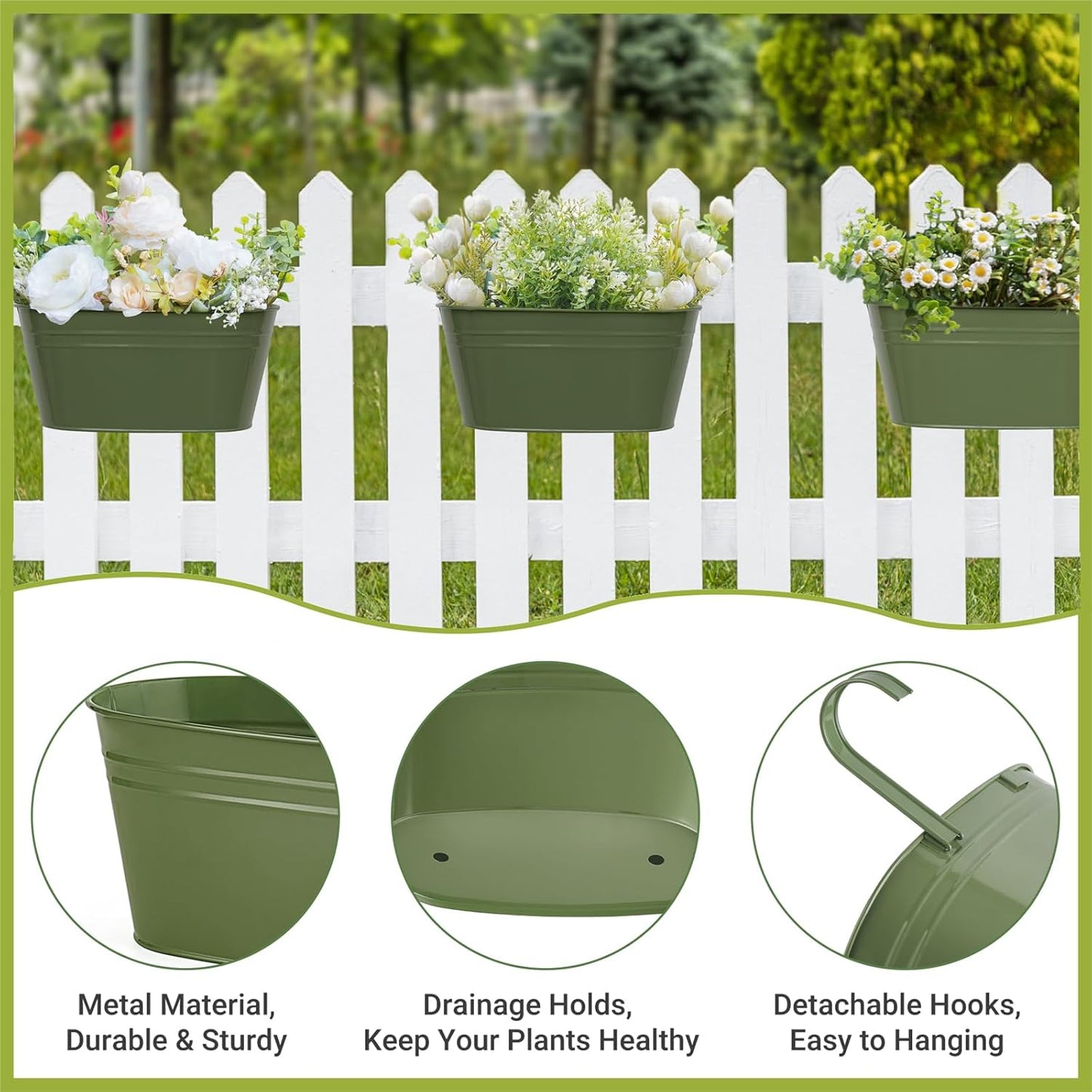 Dahey Metal Iron Hanging Flower Pots for Railing Fence Hanging Bucket Pots Countryside Style Outdoor Planter Window Flower Plant Holder with Detachable Hooks Home Decor,Green,5 Pcs