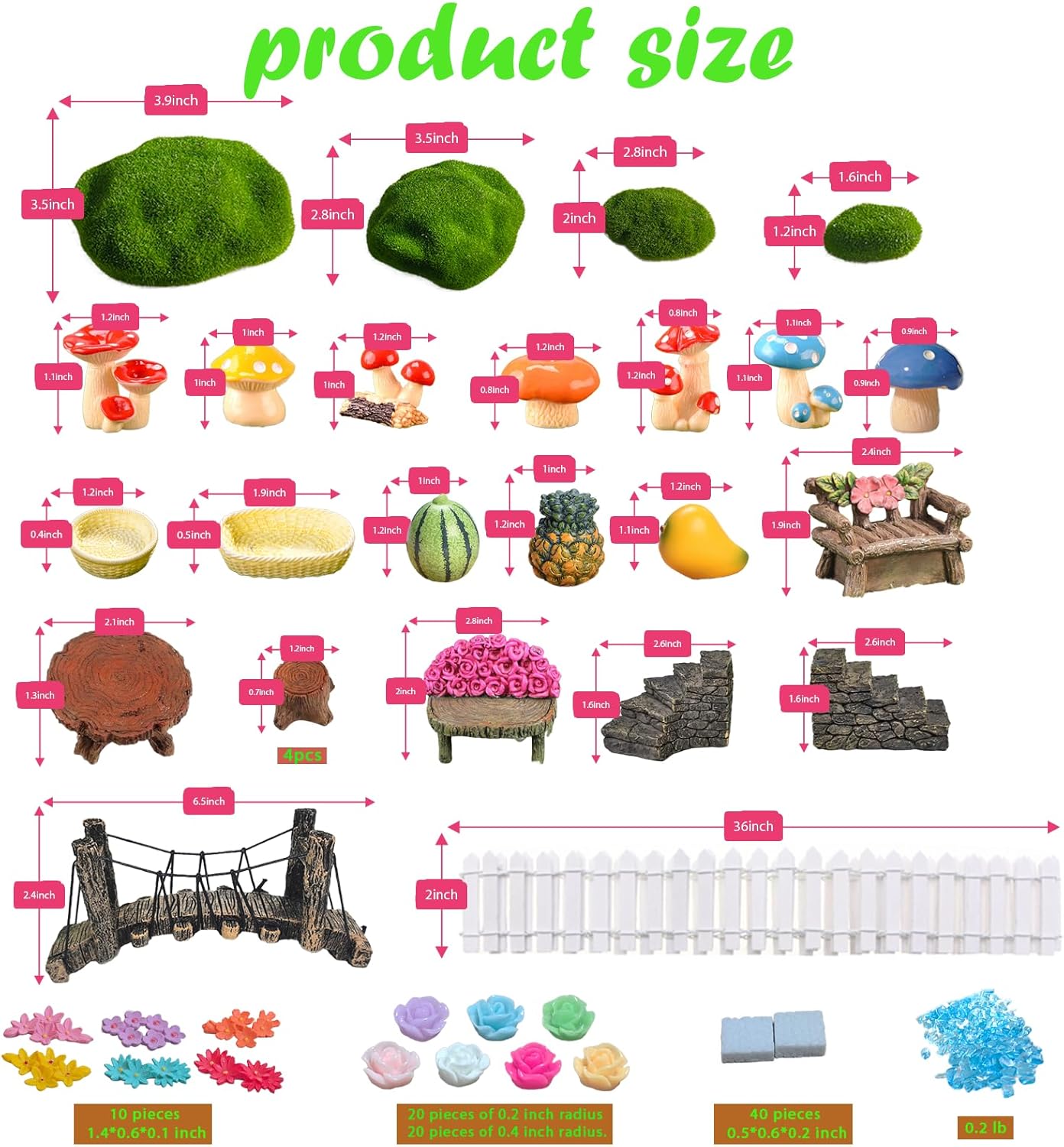 Kai Dream Fairy Garden Accessories, Fairy Garden Kit, 118 Pieces of Miniature Decor: Mushrooms, Bridge, Steps, Moss, Furniture Figurines, Fake Fence, Flowers, and Blue Crystal Gravel