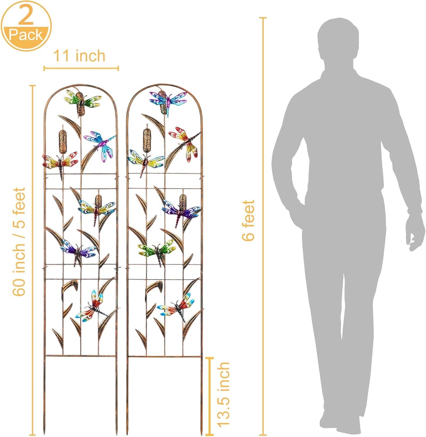 LEWIS&WAYNE 2 Pack Metal Garden Trellis with Colorful Dragonfly 60 Inch High Outdoor Decoration Arched Fence Trellis for Climbing Plants for Patio, Lawn, Yard, Backyard, Wall Brackets