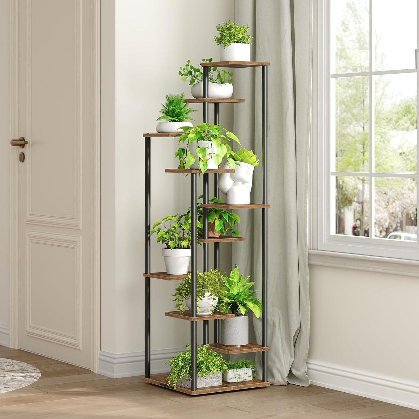 10 Tier Plant Stand Indoor, Tiered Corner Plant Shelf Flower Stand for Living Room, Balcony, Patio, Garden, Rustic Brown and Black