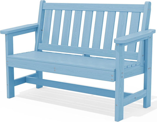SERWALL Outdoor Bench, HDPE Outdoor Benches Weatherproof, 2-Person Garden Bench with 660 lbs Weight Capacity, Patio Benches for Outdoors, Garden, Porch, Backyard and Park, Light Blue