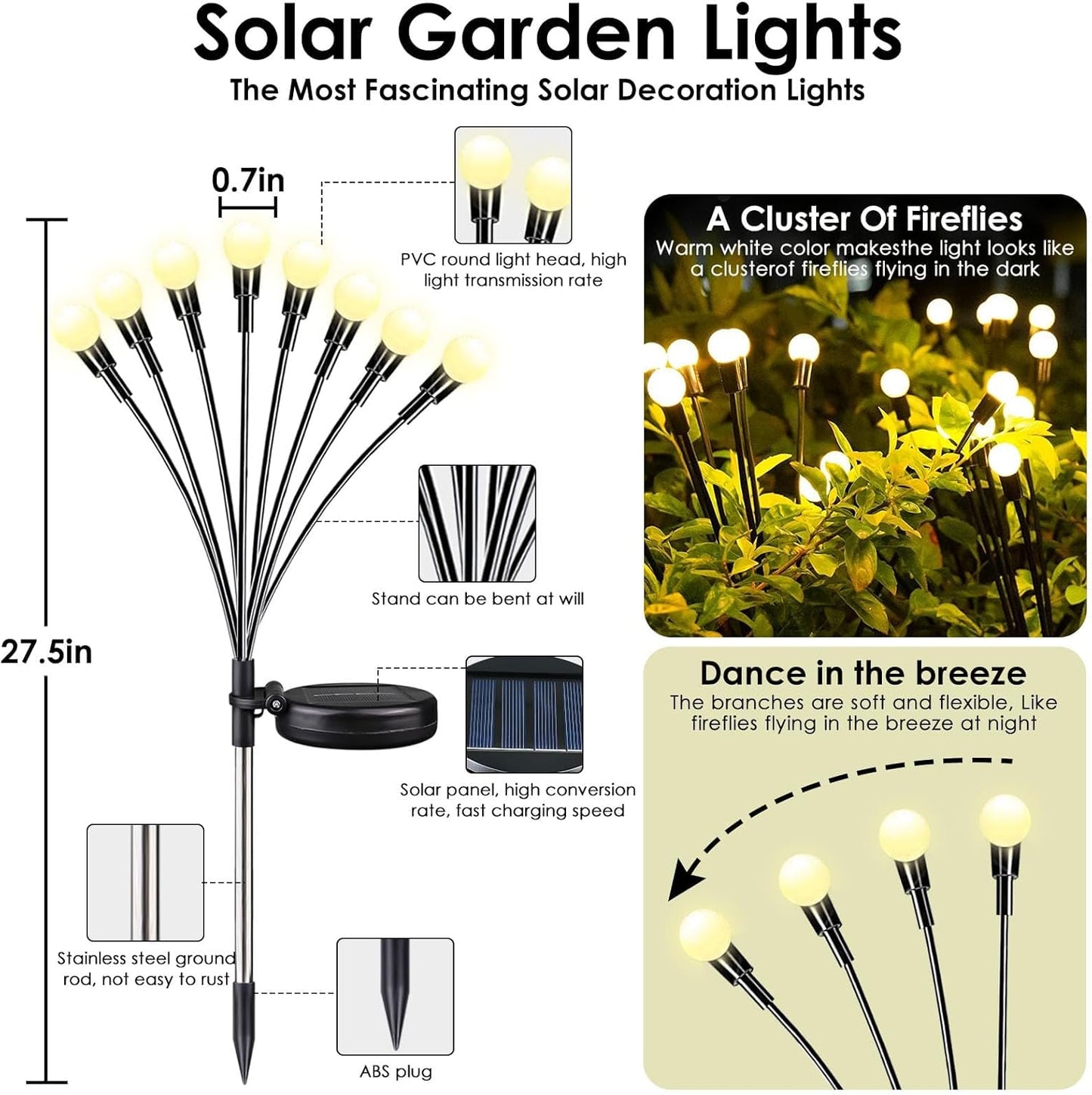 2025 Upgraded Solar Lights Outdoor, 8 Pack 64LED Solar Garden Lights, Firefly Light Outdoor Waterproof, Sway by Wind, Twinkle Firefly Light for Yard Patio Pathway Garden Decoration (Warm White)