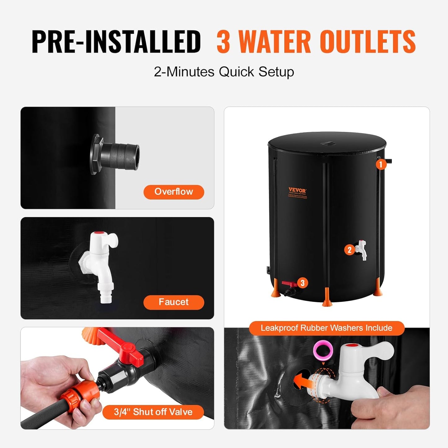 VEVOR Collapsible Rain Barrel, 66 Gallon/250 L Portable Rain Water Collection Barrel, PVC Rainwater Collection System with Spigots and Overflow Kit, Water Barrel for Garden Water Catcher