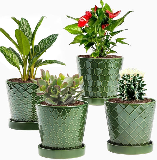 EFISPSS Flower Planter –5 inch Ceramic Plant Pots with Drainage Hole and Ceramic Tray - Gardening Home Desktop Office Windowsill Decoration Gift Set of 4 - Plants NOT Included