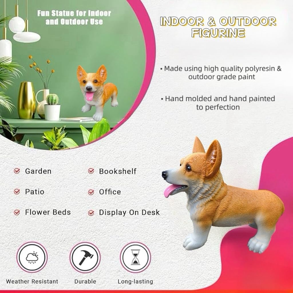 Resin Corgi Statue - Hand Painted & Fade Resistance & Weatherproof- Long Durability for Indoor and Outdoor - Garden Ornament