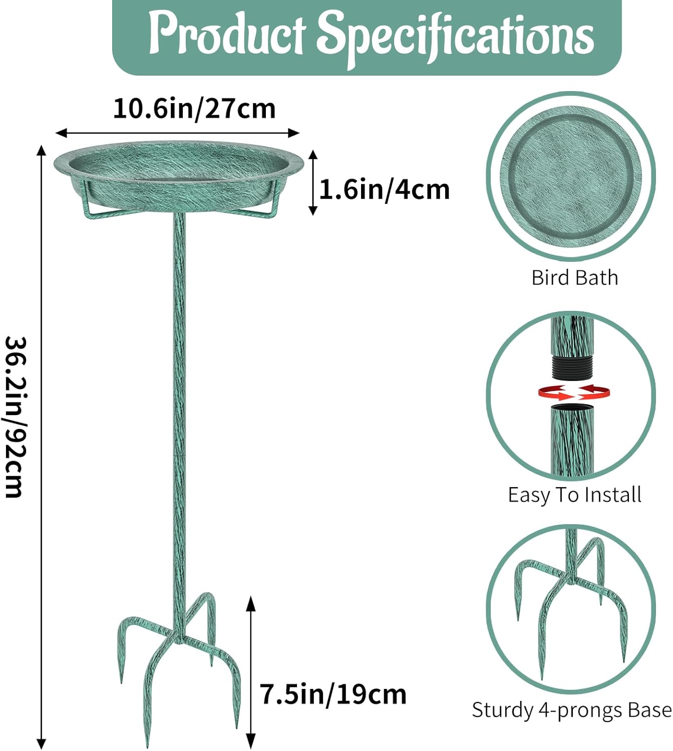 Metal Bird Bath for Outside, 36.2" Height Birdbath Bowl Standing Bird Feeders for Outdoors with 4 Prongs Base Stake, Freestanding Birdfeeders for Garden Yard Lawn Decor (Retro Green)