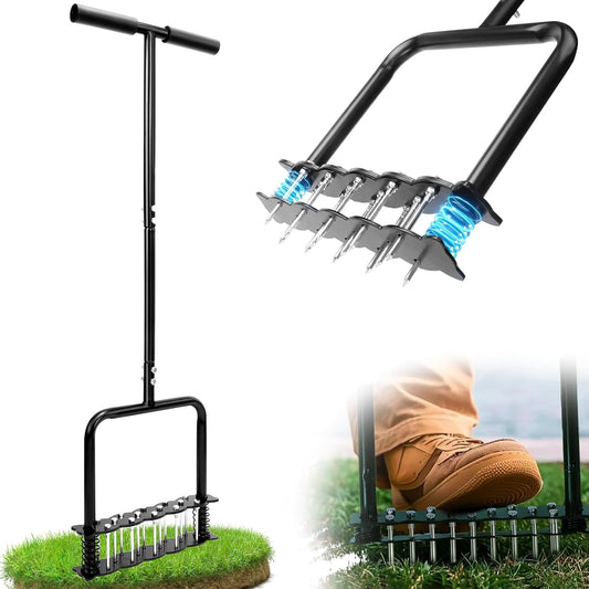 Aerator Lawn Tool, Lawn Aerator with 14 Spikes, Automatic Dirt and Leaf Clean with Spring-Loaded Design, Metal Manual Aerator for Loosening Soil Aerating Patio, Yard, Garden (Black)
