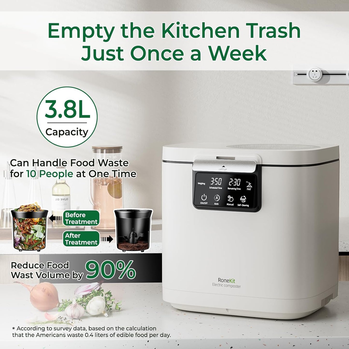 Electric Composter for Kitchen, Smart Compost Bin with Viewing Window Indoor Outdoor/Odorless/Low Noise/Auto-Cleaning, Compost Machine, Turn Food Waste into Fertilizer for Garden, Gift