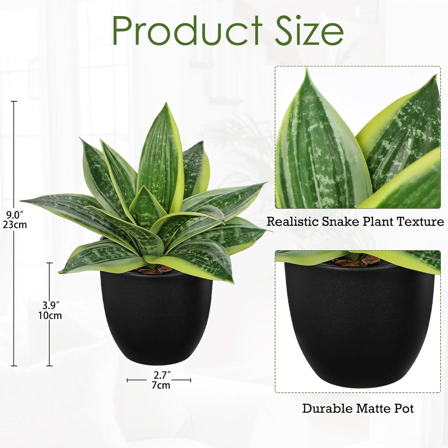Hollyone Artificial Snake Plants 9" Faux Agave Succulent Plant Potted in Black Pot Fake Sansevieria Aloe Tropical Plant for Desk Modern Office Home Bathroom Indoor Outdoor Decor