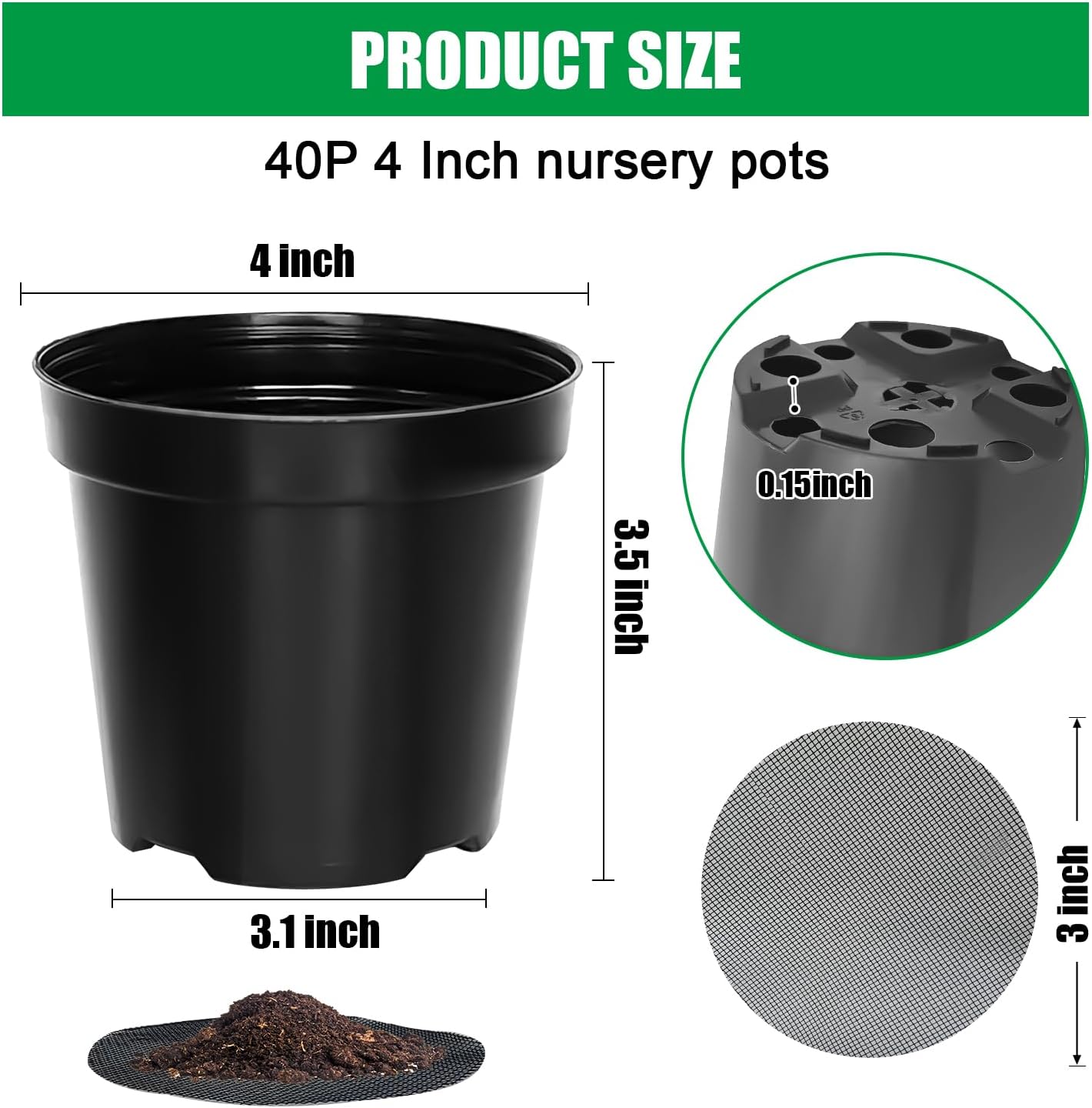 40 Pack 4 Inch Plant Nursery Pots with Mesh Pad, Sturdy Plastic Flower Planter Pots with Drainage Holes, Seed Starter Pots for Planting Seedings Cuttings Succulents Indoor Ourdoor, Black