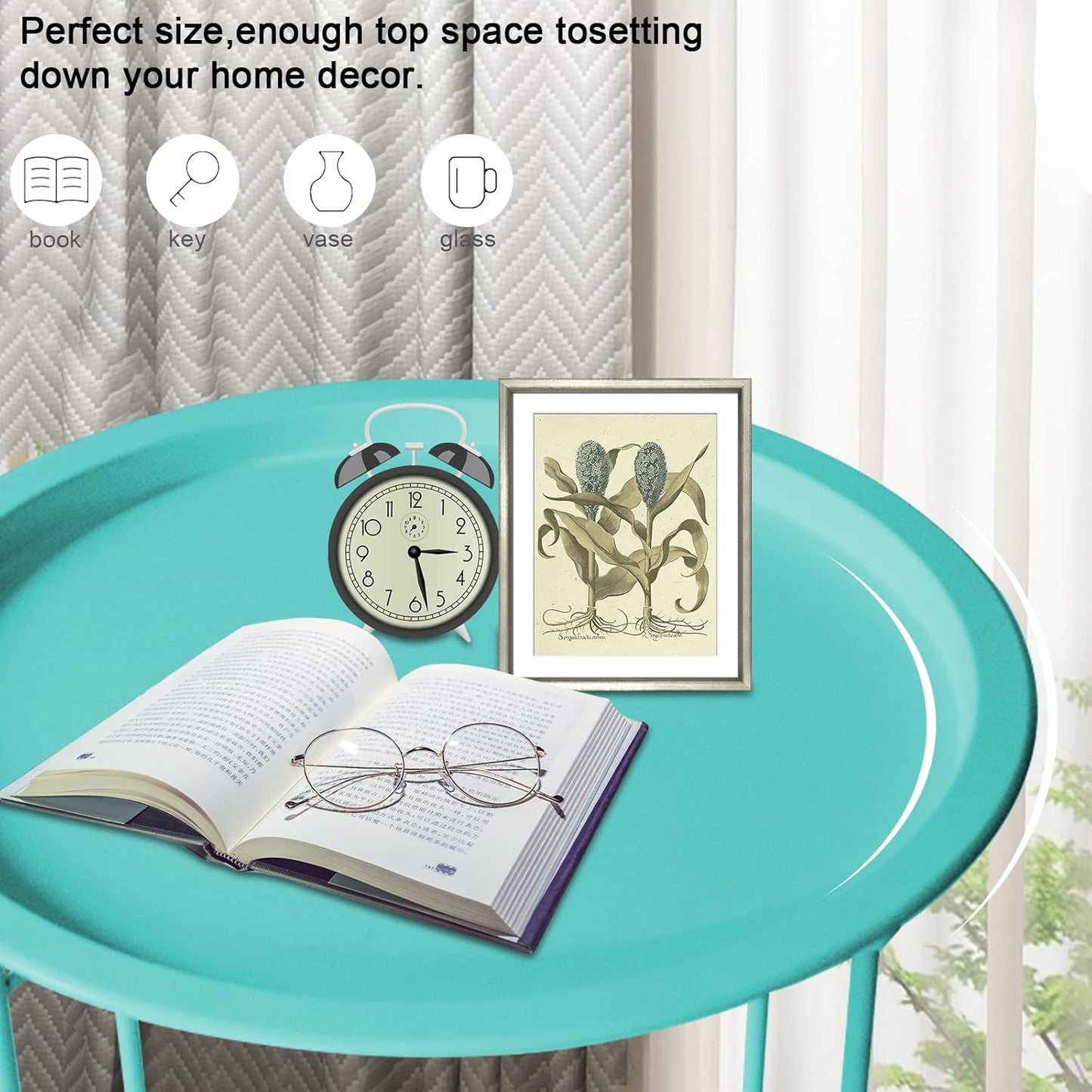 Garden 4 you End Table Metal Side Table Green Round Folding Tray Cyan Sofa Small Accent Fold-able Table, Round End Table Tray, Next to Sofa Table, Snack Table for Living Room and Bed Room