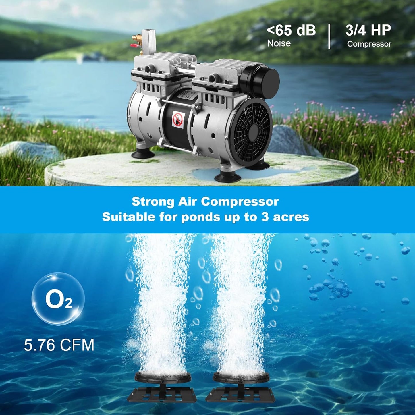Pond Aerator, Ponds & Lake Aeration System, 5.76CFM for Up to 3 Acre, Includes 3/4 HP Compressor, 100' Weighted Tubing, 2 Diffusers for Outdoor Large Pond & Lake Aerator Pumps Water Oxygen Circulation