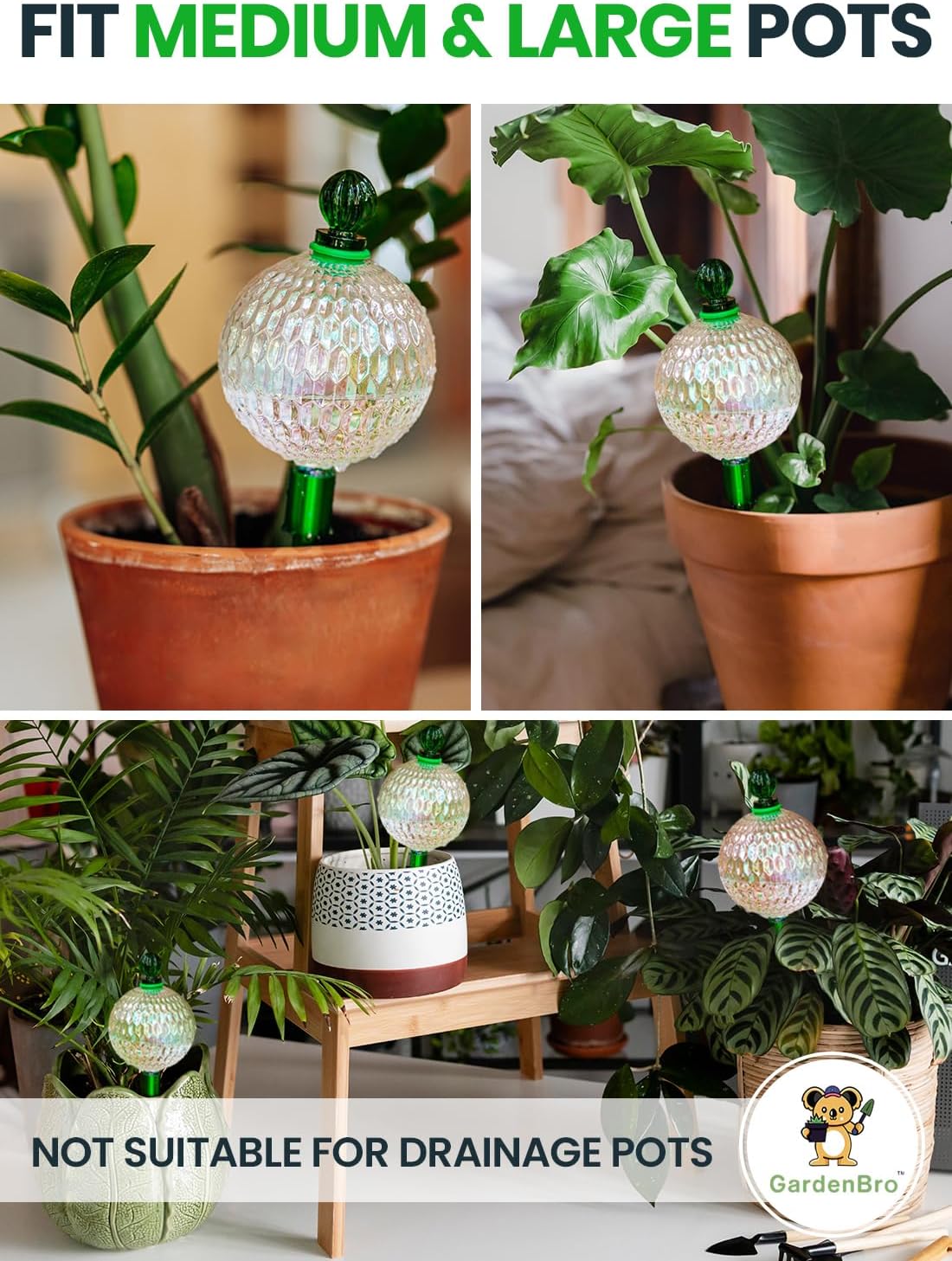 16 Oz Plant Watering Globes for Indoor Plants with Metal Self Watering Planter Insert - Premium XL Glass Hand-Blown Globe - Automatic Plant Waterer Indoor, Gift Idea for Gardeners [1 Globe, Textured]