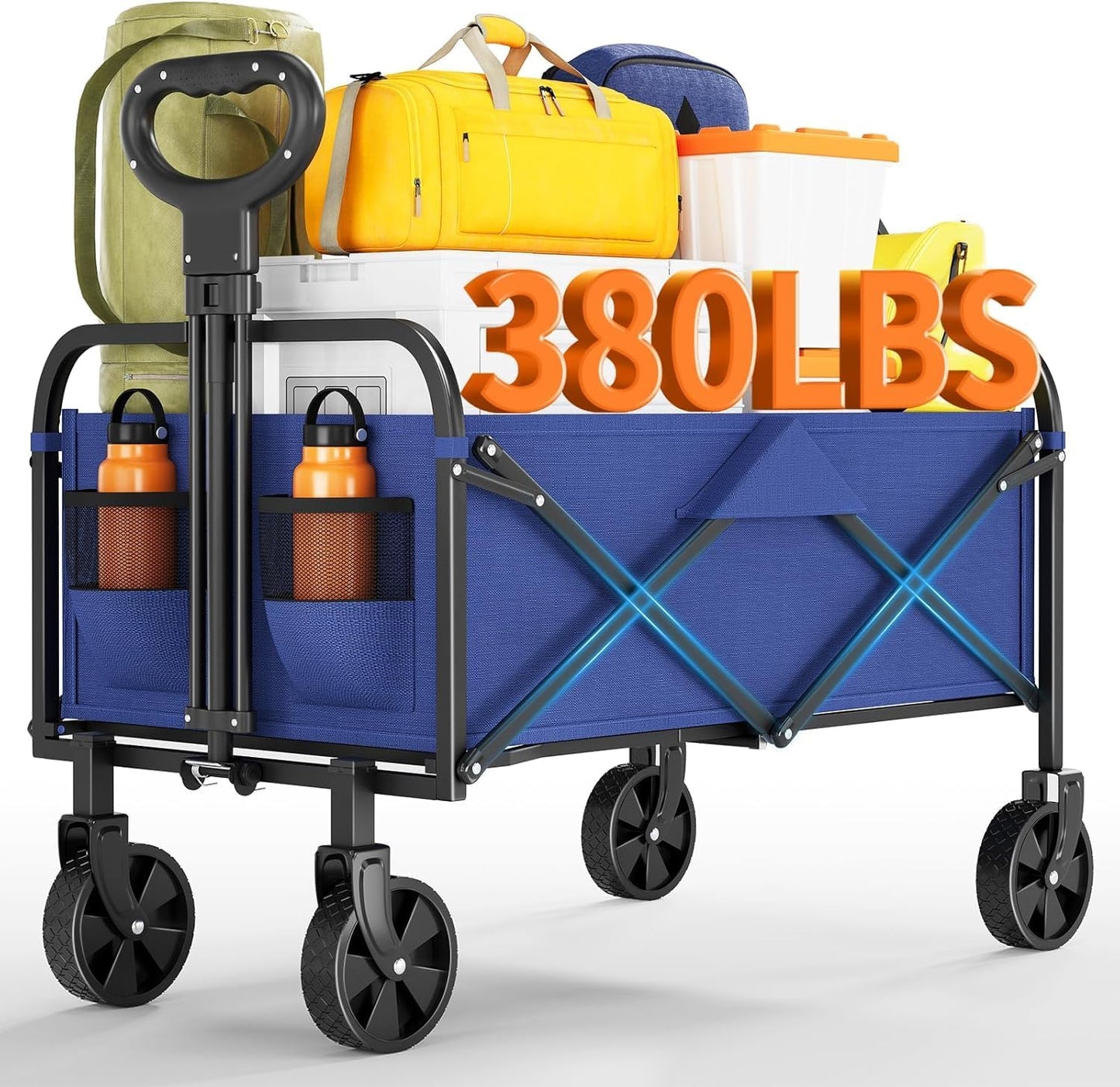 Foldable Wagon Cart, 380LBS Capacity Collapsible Wagon with All-Terrain Wheels, 220L Foldable Utility Cart & Grocery Cart on Wheels, Portable Lightweight 12LBS for Outdoor, Beach, Garden (Blue)