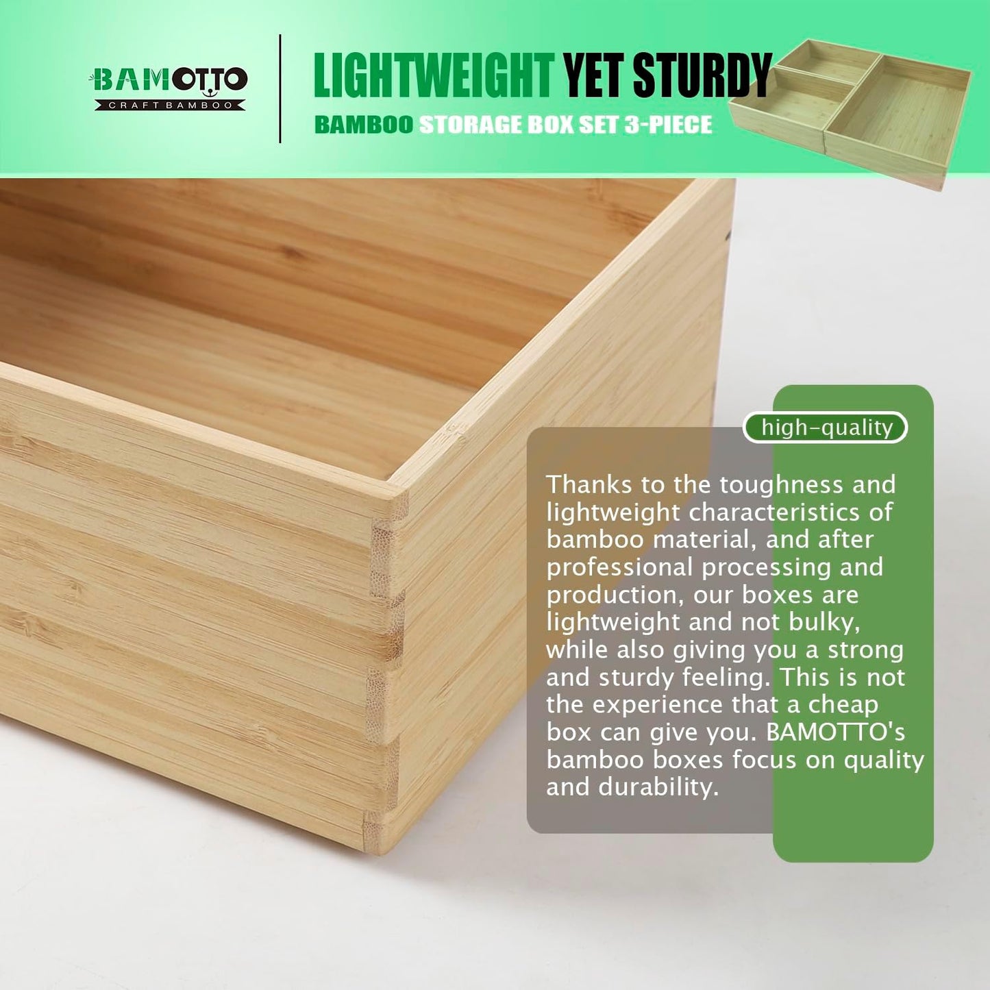 3-Piece Large Bamboo Storage Box Set, 3.9 in High, Stackable Deep-Drawer Organizer for Kitchen Cutlery, Cookware, Utensils & Knives, Lidless Wooden Bin (14.6"x10.2"*1+10.2"x7.3"*2)