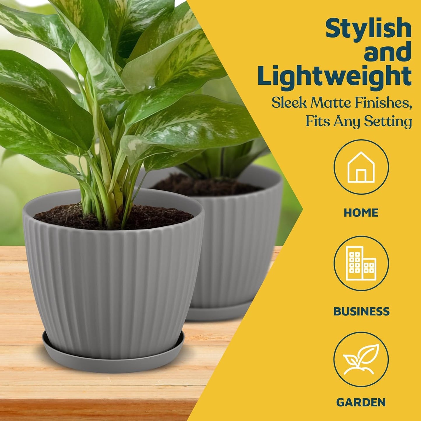 Gray 6-Inch Plant Pots with Drainage & Saucers 18 Pack, Indoor & Outdoor Planters for Houseplants, Herbs, and Flowers, Durable & Weatherproof Material, Stackable, Lightweight, Minimalist Design
