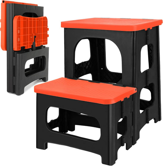 Folding 2-Step Stool, Non-Slip Portable Footstool 8" & 17" Dual Heights, Holds 250 lbs, Portable Footstool for Kitchen Home Toilet Bedroom Office Bathroom RV(Orange)