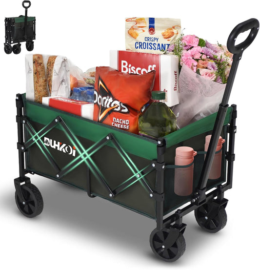 Collapsible Wagon Cart with Wheels Foldable,11 Lbs Lightweight Portable Folding Utility Wagon,90 L Heavy Duty Grocery Shopping Carts,Versatile for Garden Sports Camping Outdoor Use (Army Green)