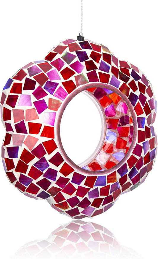 Yinns 9 inch Large Mosaic Bird Feeder, Fly Through Glass Bird Feeder, Hanging Bird Feeder with Oval Stained Glass for Outdoor Garden Decor