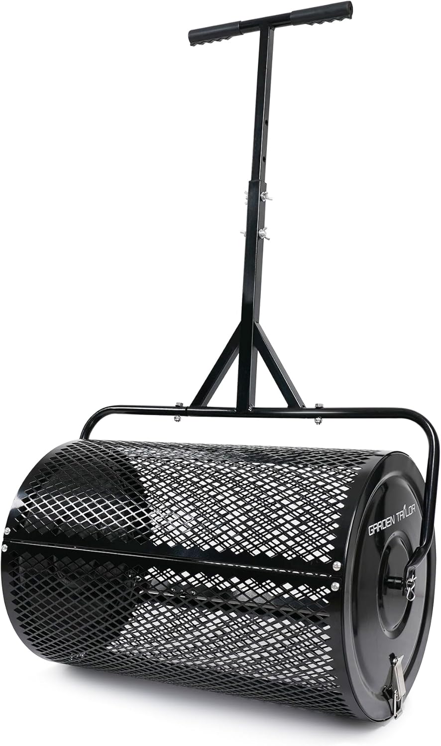 Compost Spreader 24 Inch Peat Moss Spreader with Installation Support Accessories, Metal Mesh Roller Lawn Spreader for Top Soil, Manure, Mulch, Top Dressing - Garden spreaders for lawns