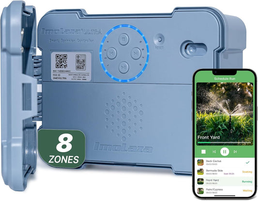 ImoLaza Outdoor Smart Sprinkler Controller, 8-Zone WiFi Irrigation Controller with Hyper-Local Weather, App Remote Control, Works w/ Alexa, Auto Watering, Rain/Freeze/Wind Skip, Smart Fault Detection