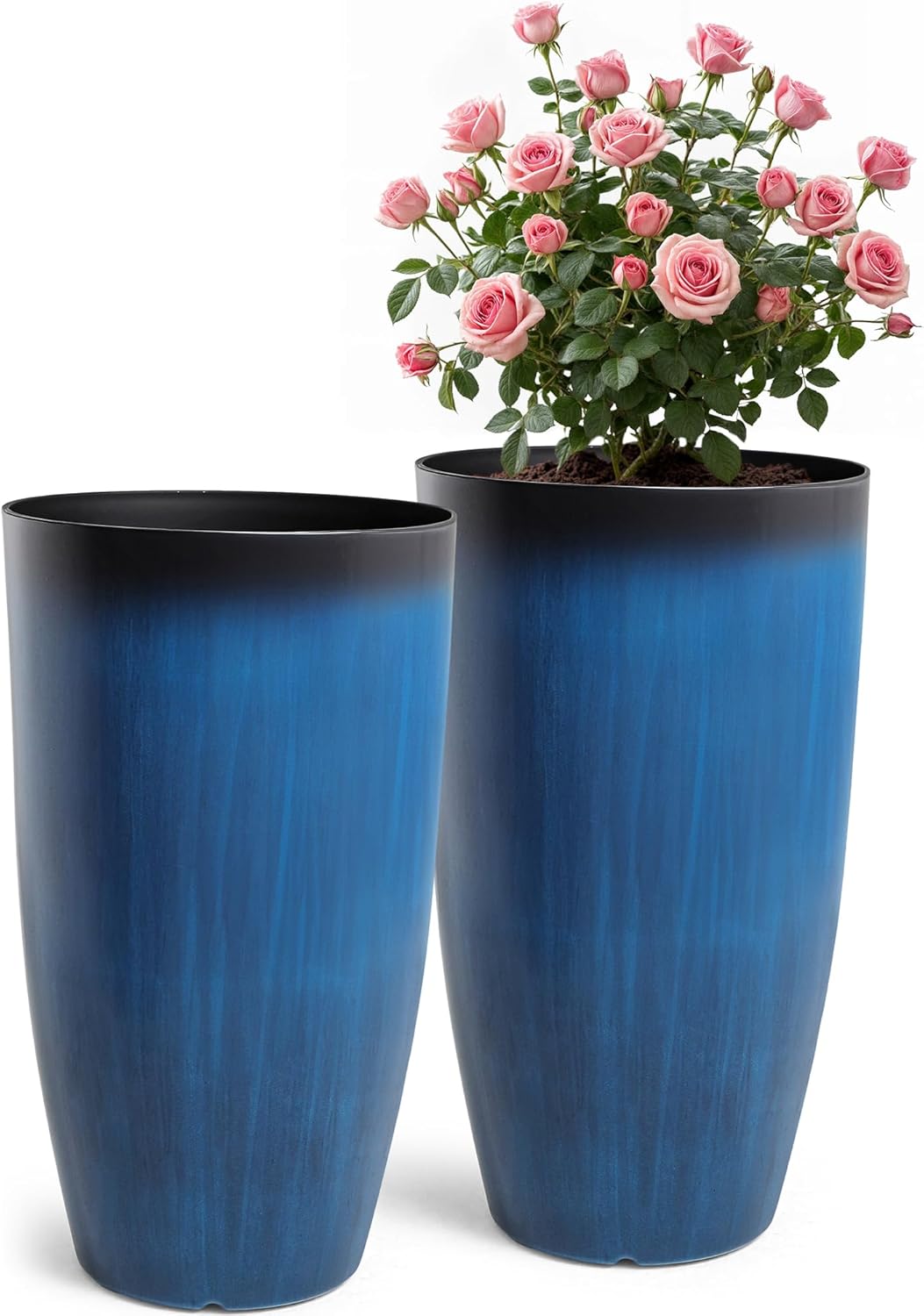 23.75" Round Tall Planters, 2-Pack Large Flower Pots for Indoor Outdoor Plants, UV-Protect PP Container for Garden Patio Yard Balcony Porch or Home Decor, Artistic Floating Cobalt Blue Glaze