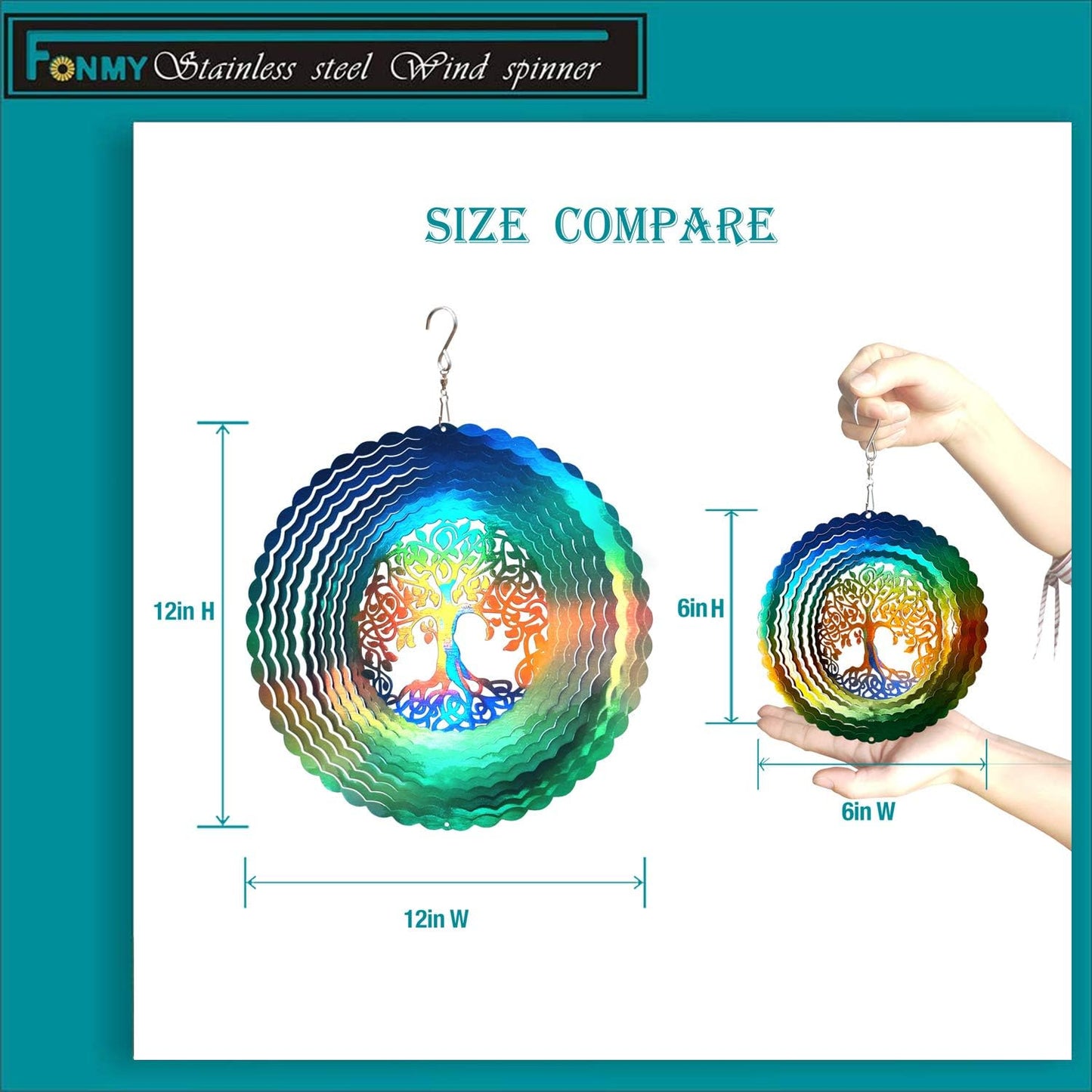 FONMY Stainless Steel Wind Spinner Worth Gift Indoor Outdoor Garden Decoration Crafts Ornaments,6 Inch Multi Color Tree of Life Wind Spinners