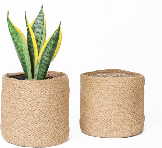 Jute Planter Basket-Woven Jute Rope Covers for Decorating Indoor/Outdoor Succulents, Small Plant Pots-Set of 2-Multi-Purpose Storage Bins 6.5 Inches - Modern Style Décor- Brown