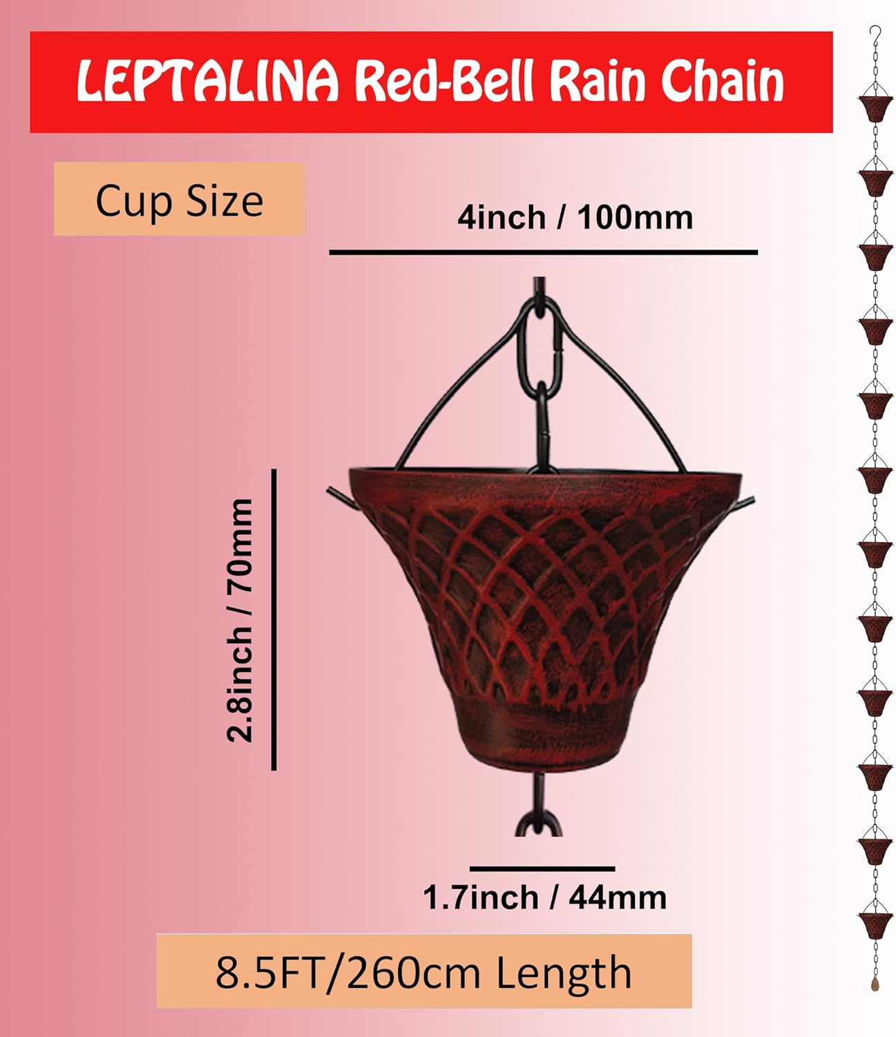 8.5FT Bell Iron Rain Chains for Gutter and Rain Barrel, Rust-Resistant Plated Garden Décor for Downspout, Bonus Rain Chain Gutter Adapter (Antique-Red)