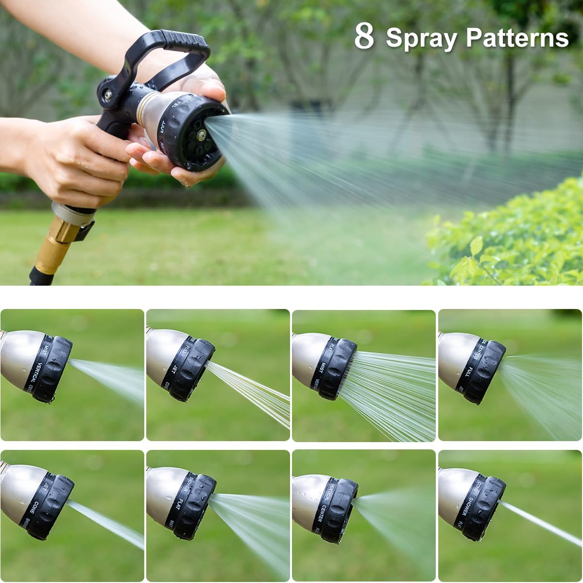 FANHAO Heavy Duty Fireman's Hose Nozzle, Metal Water Nozzle with 8 Spray Patterns，High Pressure Garden Hose Sprayer with Lever Control and Non-Slip Grip to Water Lawns & Plants, Wash Cars & Clean