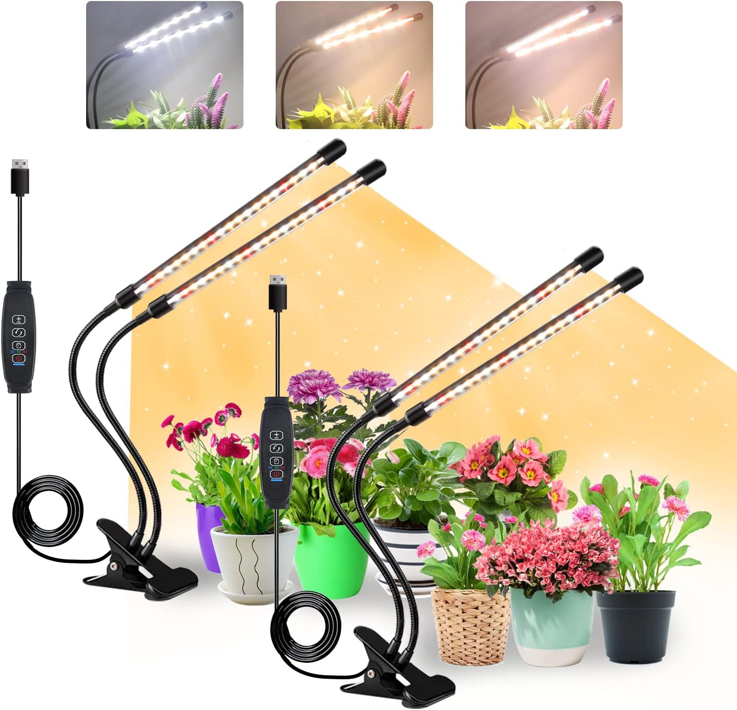 Grow Lights for Indoor Plants, Full Spectrum LED Plant Lamps with Clips and 3m Cables for Seeding Growing(2 Pack)