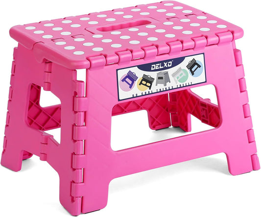 Delxo Folding Step Stool 9 inch Non-Slip Foldable Stools Up to 300 LBS Kids Step Stool with Handle Lightweight for Kitchen, Bathroom, Bedroom, Garden, Rose Pink, 1PC