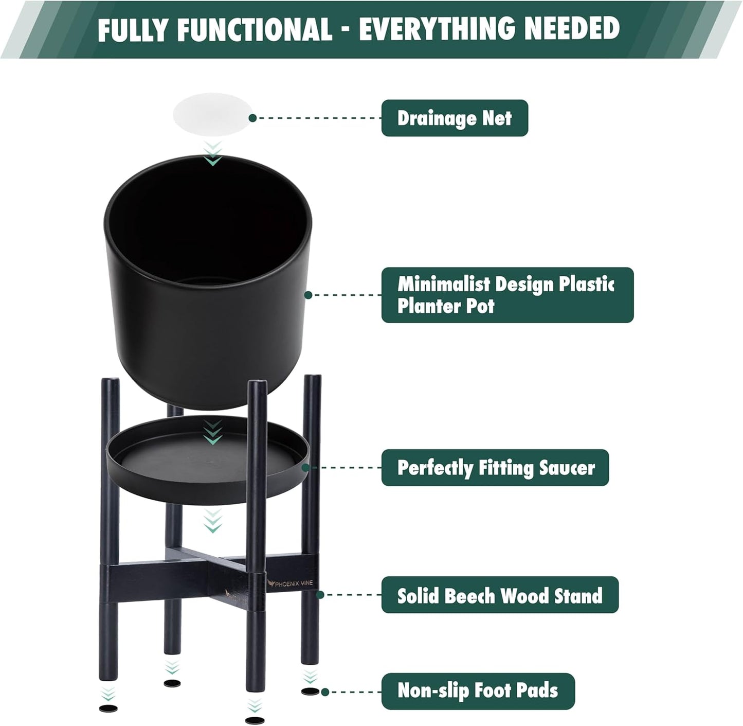 D'vine Dev Planter Pot with Stand - 14 Inch Plastic Cylinder Flower Pot with Wood Planter Holder for Indoor, Matte Black Pot + Ebony Stand, 55-C-T-2