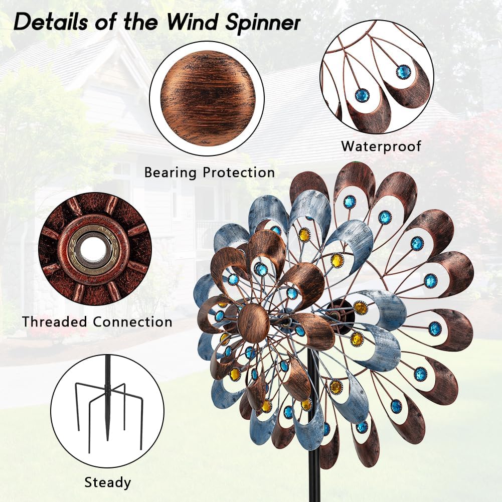 DREAMYSOUL Wind Spinner Outdoor Clearance, 20" Dia Large Metal Windmills with Blue and Copper Blades, Kinetic Wind Spinners & Sculpture for Yard and Garden