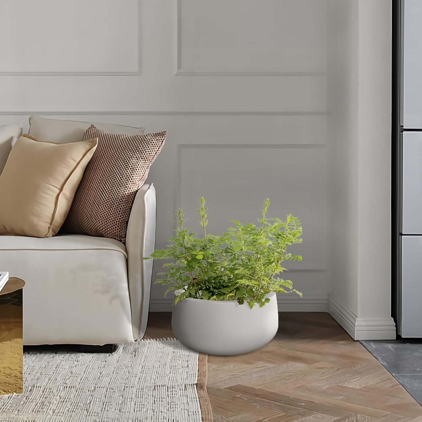 Kante 19.6" Dia Round Concrete Planter, Outdoor Indoor Garden Plant Pots with Drainage Hole and Rubber Plug, Modern Curvaceous Design, Pure White