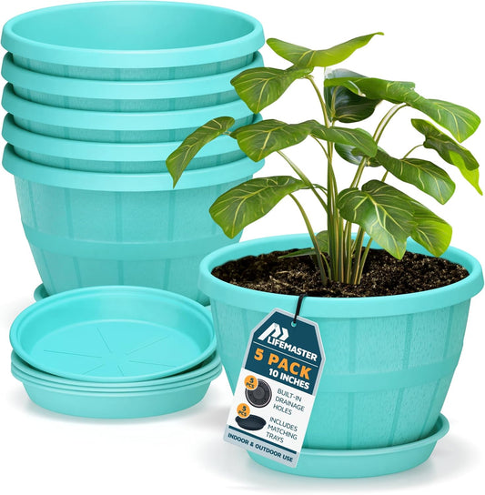 10-Inch Whiskey Barrel Planters Outdoor Pack of 5 - Durable Plastic Plant Pots for Indoor & Outdoor Use with Drainage & Saucer, Lightweight Rustic Barrel Planters for Flowers, Herbs & Small Plants