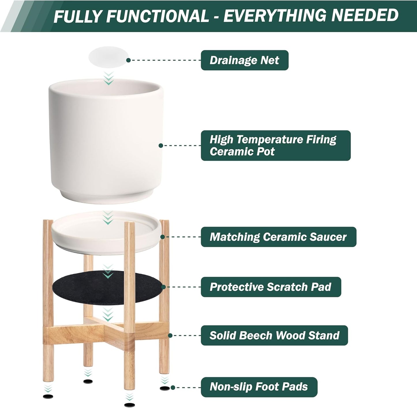D'vine Dev Ceramic Planter with Natural Stand - 12 Inch Modern Round Flower Pot with Wood Planter Holder, Oatmeal, 55-B-J-8