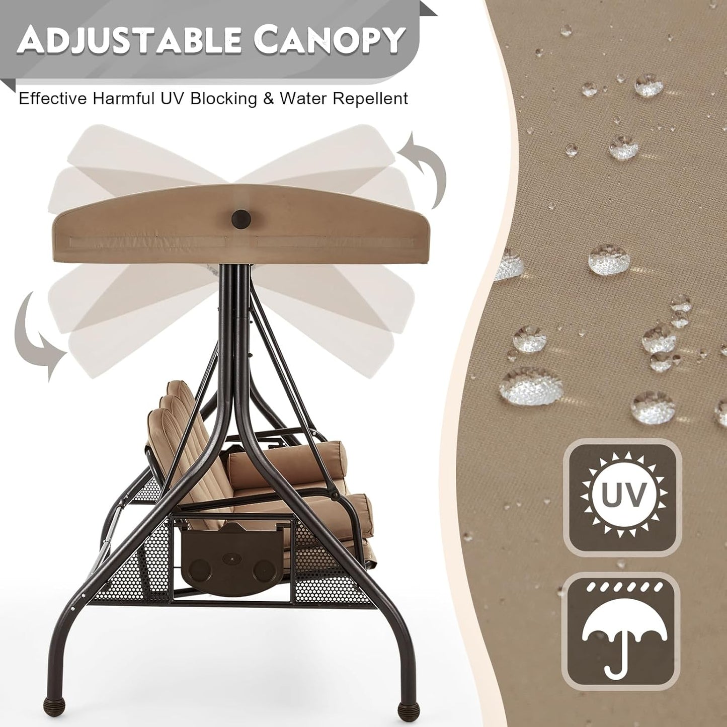 HOMREST 3 Seat Outdoor Porch Swing with Adjustable Canopy, Convertible Patio Swing Bed with Stand, Patio Glider Swing with Upgraded Cup Holder, Thicken Cushions ＆ Pillow for Backyard (Brown)