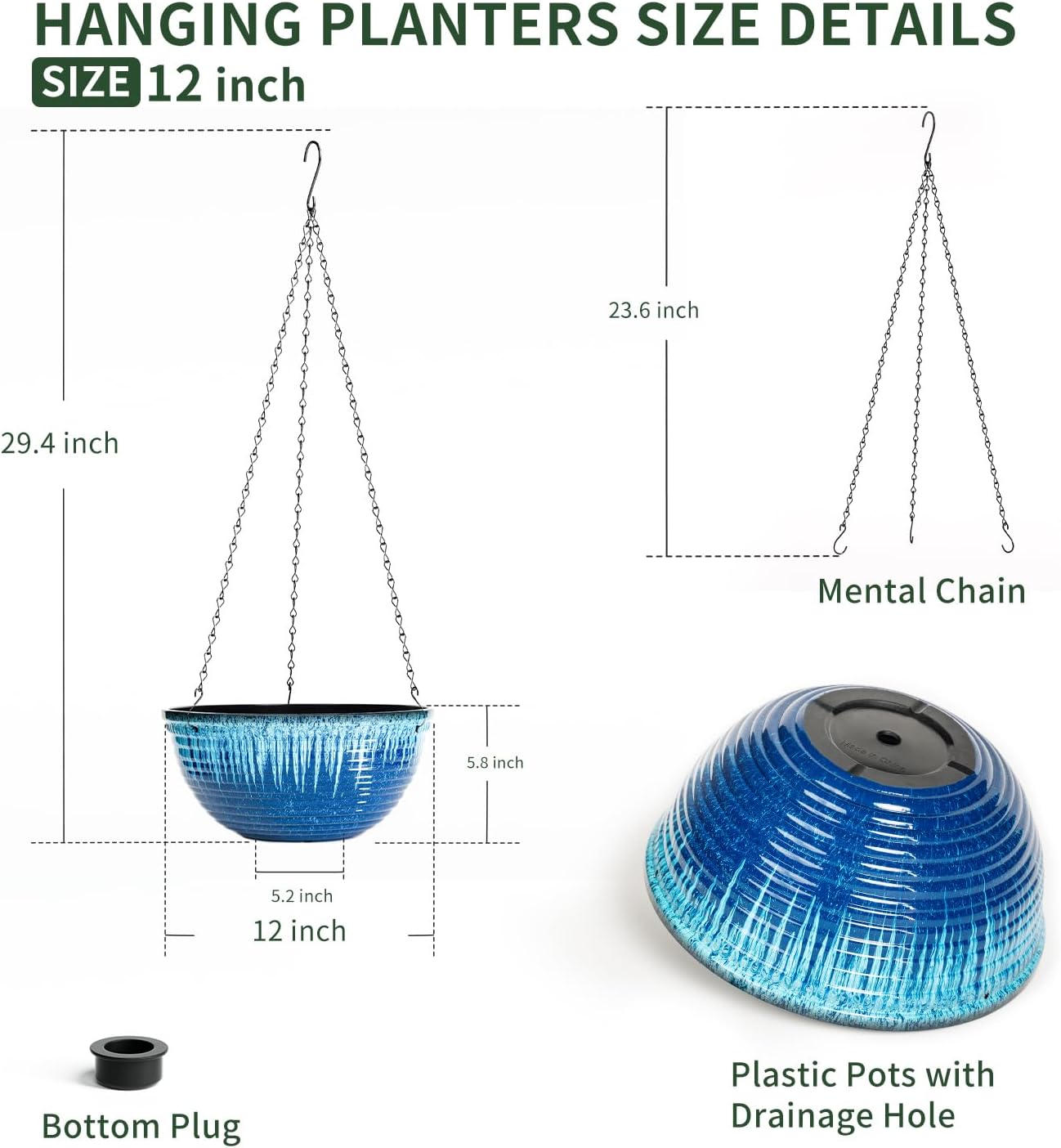 12 inch Large Hanging Planters for Indoor Outdoor Plants, Set of 2 Glazed Hanging Flower Pots with Drainage Hole, Hanging Baskets for Garden Home Porch Decor