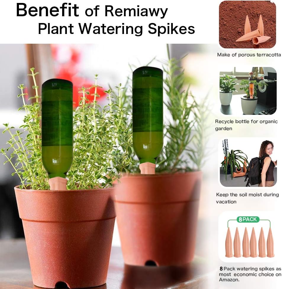 REMIAWY Plant Watering Devices - Terracotta Vacation Self Plant Waterer Spikes Wine Bottle Stakes Slow Release Devices for Indoor Outdoor Plants (8 Pack)